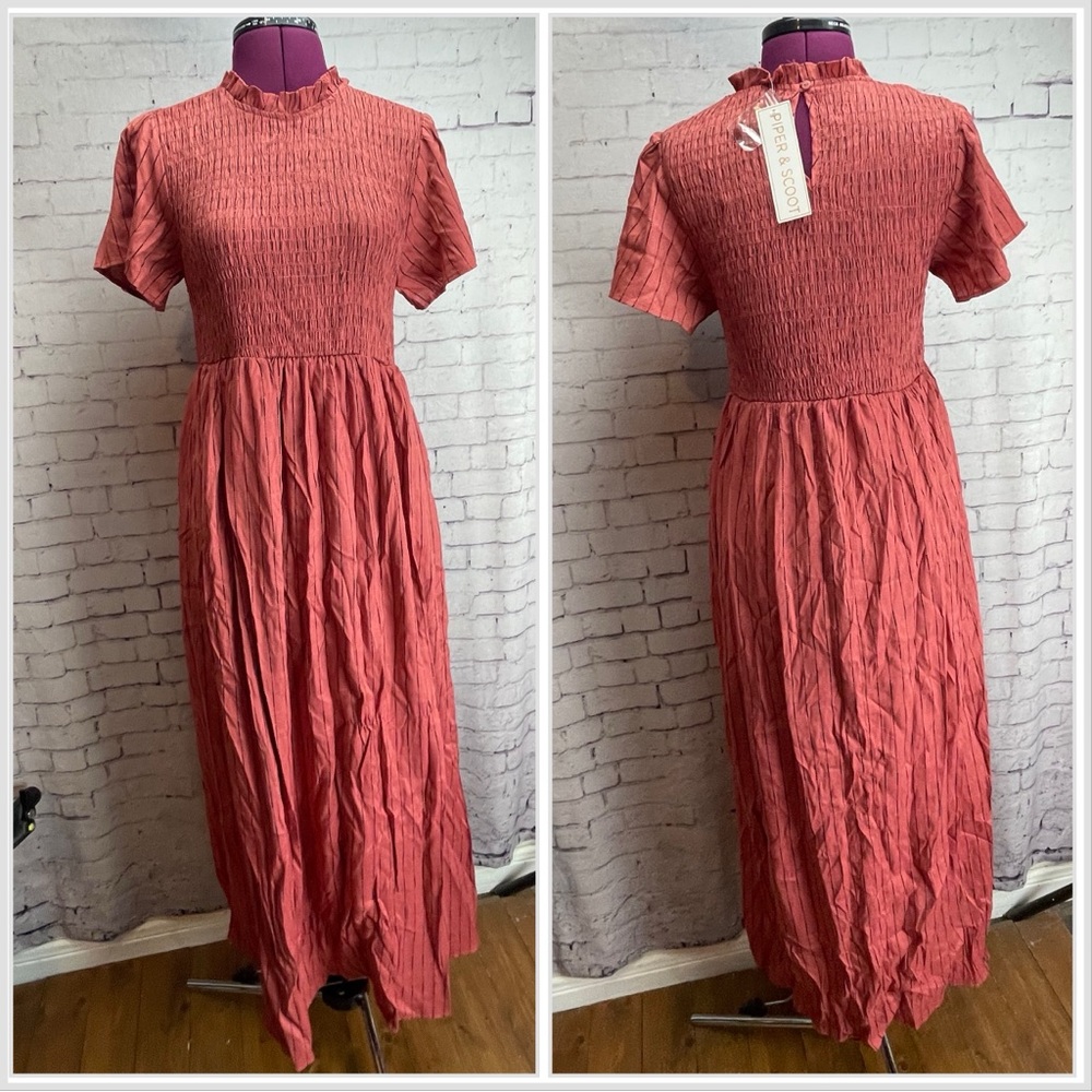 Rust Red Maxi Dress - Unbranded Elegant Smocked Bodice